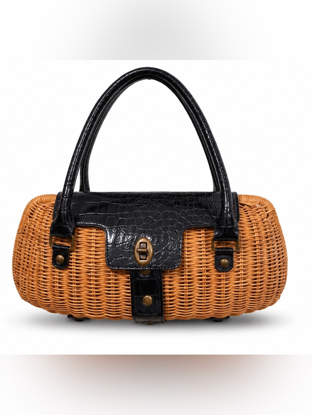 Vintage Woven Rattan Top Handle Purse Faux Croc Trim Coastal Bag Purse